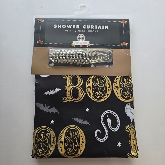 Halloween Shower Curtain Boo Metallic Foil Bat Skull Raven Web Snake Gothic Bath - Picture 4 of 4